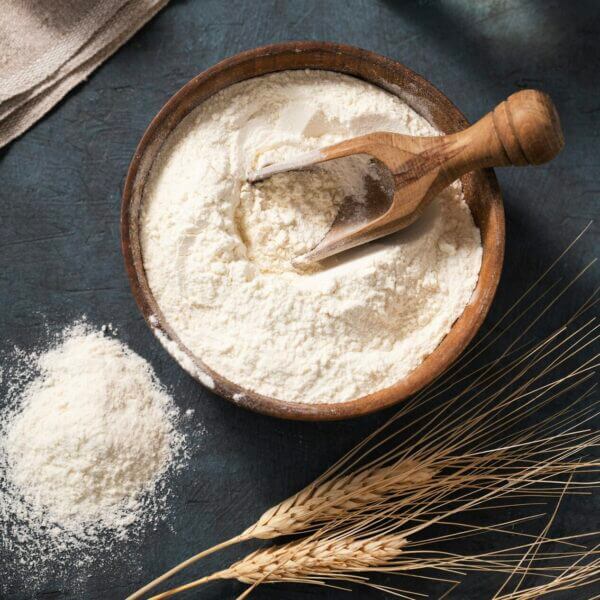 Wheat flour in a bowl with a scoop on a dark blue background with eggs, oil and dry branches wheat.